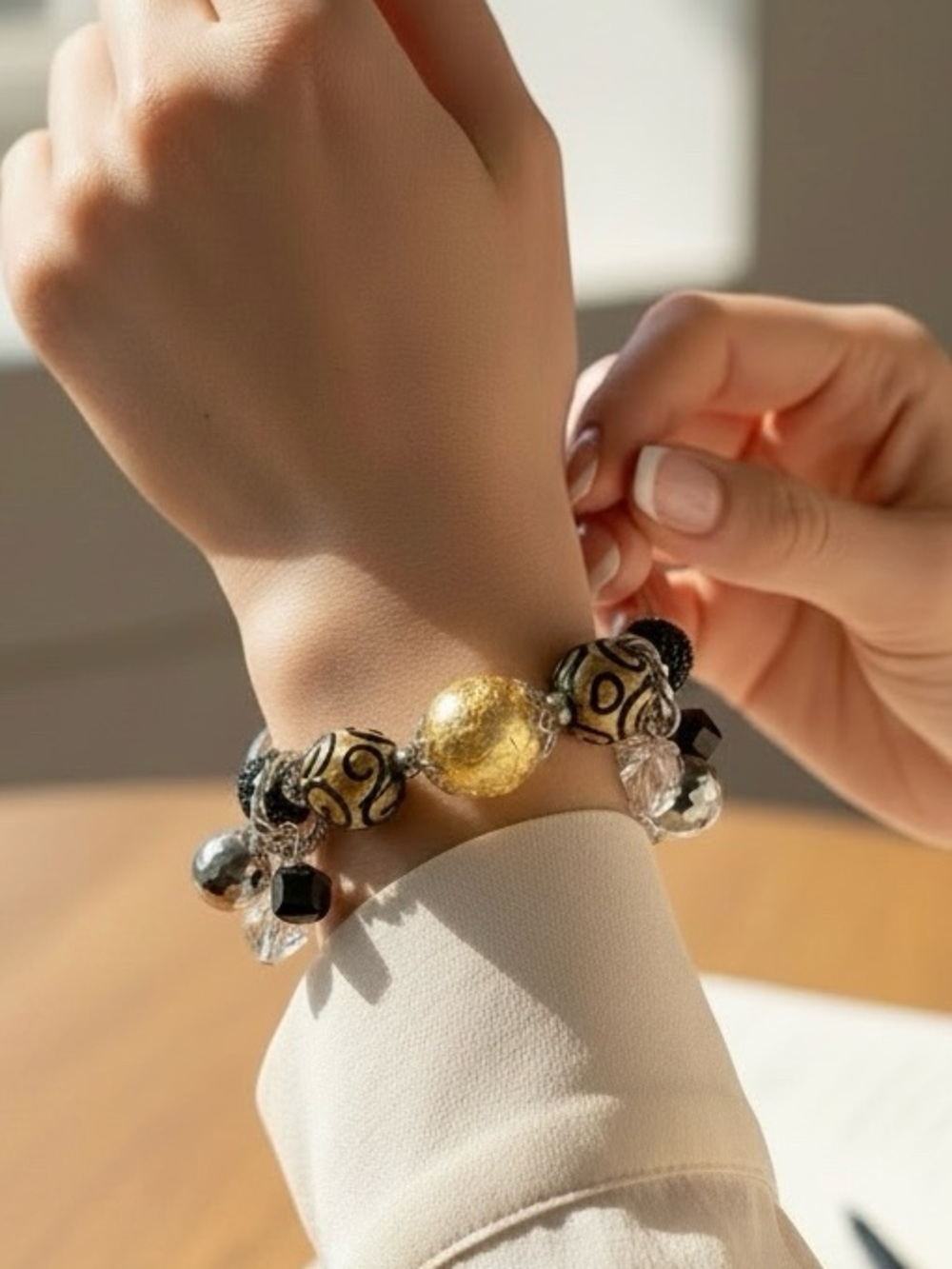 Vintage Beaded Bracelet Gold Black Silver Quality